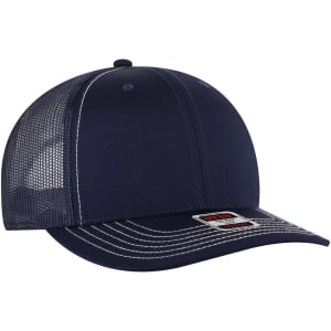 A navy blue 6-panel mid profile trucker cap with a mesh back and stitching details. Includes a logo.