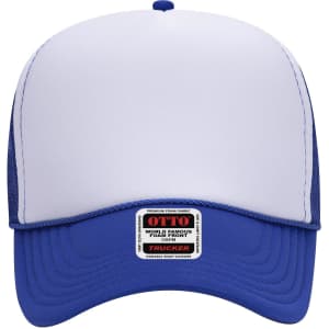 A blue and white 5 panel mid profile trucker cap with a mesh back and a label on the front.