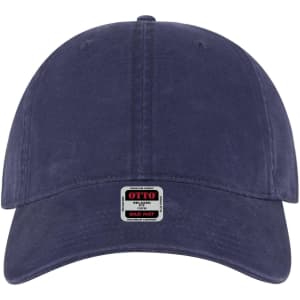A navy blue 6 panel low profile dad cap with an adjustable strap and a logo on the front.