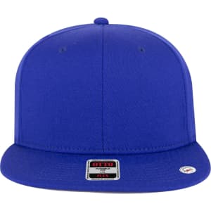 A blue 6-panel mid-profile baseball cap with a flat brim and a logo on the front.