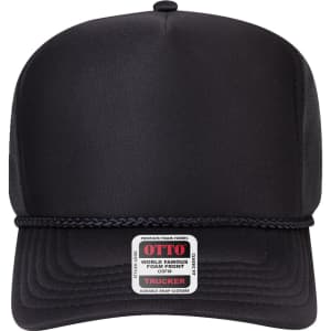A high crown black trucker hat with a foam front and air mesh back, featuring a logo.