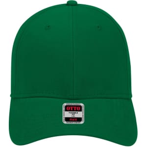 A green 6 panel low profile baseball cap with a logo label on the front.
