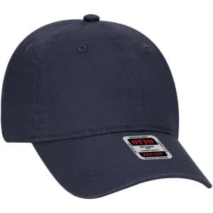 A navy 6 panel low profile dad cap featuring a logo on the front.