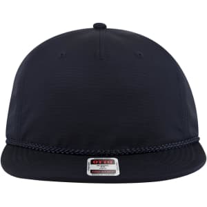 A navy blue 5 Panel Pro Style Snapback Cap featuring a braided detail and a logo on the front.