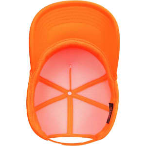 A high crown full foam cap in bright orange, featuring a curved peak and an inner lining with a logo.