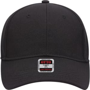 A black 6 panel low profile baseball cap featuring a logo on the front.