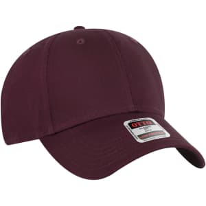 A maroon 6-panel low profile baseball cap with a logo on the front.
