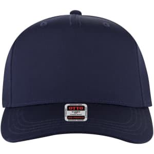 A navy blue 5 panel mid crown baseball cap with an adjustable strap and a logo on the front.