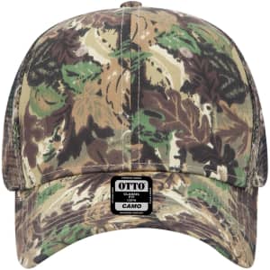 A camo-patterned six-panel mid-profile trucker cap featuring various shades of green, brown, and beige with a logo.