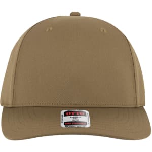 A beige mid-profile baseball cap with six panels and a label on the front.