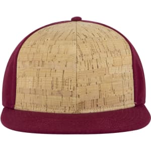 A six-panel mid-profile snapback cap with a cork top and maroon brim. The cap features a logo.