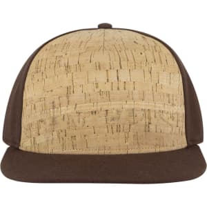 A 5 panel cap featuring a cork front and a brown fabric brim, displaying a logo on the front.