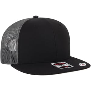 A black mid-profile trucker cap with mesh panels and a branded tag on the front.