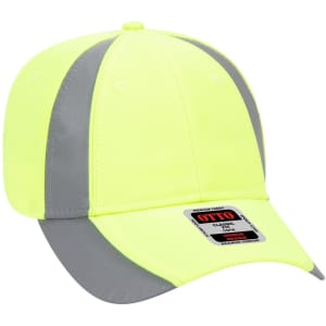 A bright yellow and grey 6 panel low profile baseball cap with a logo on the front.