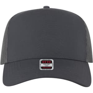 A grey 5-panel mid-profile trucker cap with a mesh back and a logo tag on the front.