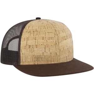 A 6 panel mid-profile trucker cap with a cork front and a brown mesh back, featuring a dark brown peak.