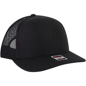 A black mid profile trucker cap with mesh panels and a branded label on the front.