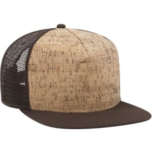 A brown and cork-patterned 5 panel pro style trucker cap with a mesh back and a flat brim.
