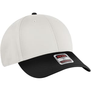 A low-profile baseball cap featuring a cream-coloured upper and a black visor, with a logo on the front.