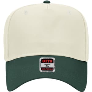 A cream and dark green 5 Panel Mid Crown Baseball Cap with a logo on the front.