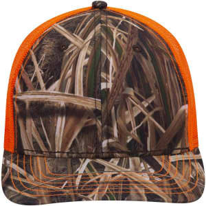 A camouflage baseball cap with a low profile and an orange visor, featuring a textured design of grass and reeds.