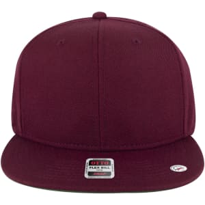 A maroon six-panel snapback cap with a flat bill and a logo on the front.