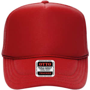 A red 5 panel high crown trucker cap with a logo and a durable snap closure.