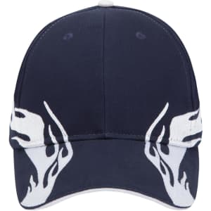 A navy blue 6 panel low profile baseball cap featuring flame designs on the sides and a logo.