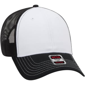 A black and white low profile trucker cap with a mesh back and a logo on the front panel.