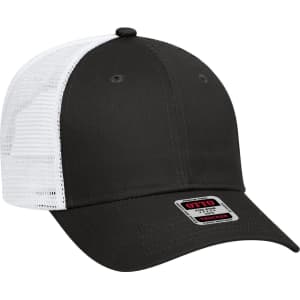 A 6-panel low profile trucker cap in black with a white mesh back. Features a logo on the front.