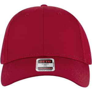 A red 6 panel low profile baseball cap with a branded label on the front.