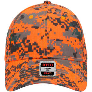 A camo baseball cap in orange and grey with a low profile design and a branded logo on the front.