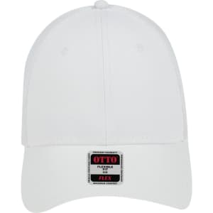A white low profile trucker cap with a logo on the front and a flexible fit design.