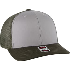 A grey and olive green 6 panel mid-profile trucker cap with mesh sides and a logo on the front.