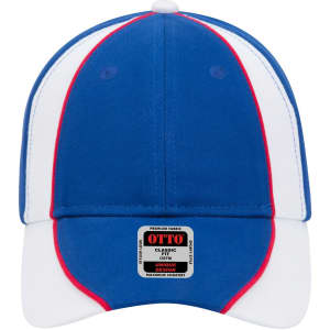 A blue and white six-panel low profile baseball cap with red accents and a logo on the front.