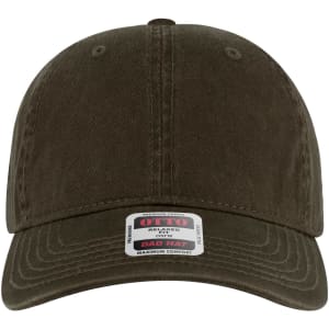 A dark olive green 6 panel low profile dad cap with an adjustable strap and a logo on the front.