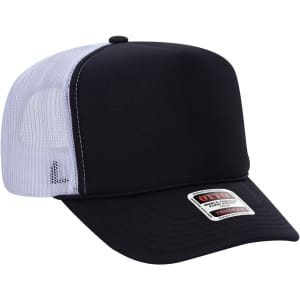 A black and white 5 panel high crown trucker cap with mesh panels and a logo on the front.