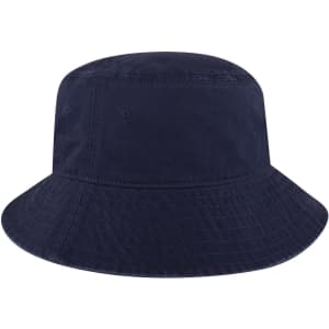 A navy bucket hat with a wide brim and stitching details, featuring one logo on the side.