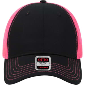 A black and pink 6 panel low profile trucker cap with a mesh back and a logo on the front.