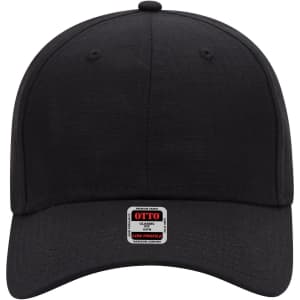 A black 6 panel low profile baseball cap with a label. The cap features a smooth texture and a classic design.