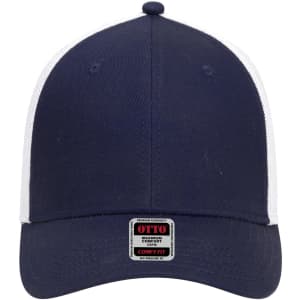 A navy blue baseball cap with a low profile, featuring white mesh panels and a logo on the front.