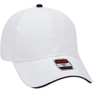 A white low-profile baseball cap with a contrasting dark navy peak and a logo on the front.