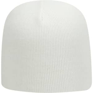 A classic white knit beanie with a ribbed texture, featuring a logo on the side.