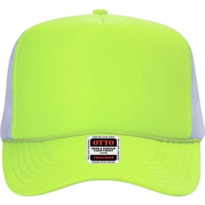 A vibrant neon green 5 panel high crown trucker cap with a grey mesh back and a label on the front.