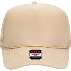 A high crown trucker cap in beige with a foam front and mesh panels, featuring a logo on the front.