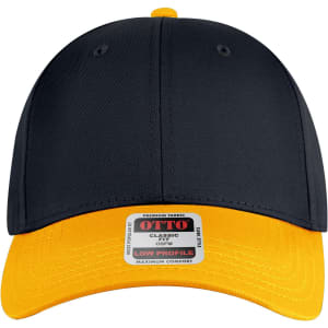 A navy and yellow 6-panel low profile baseball cap featuring a logo on the front.
