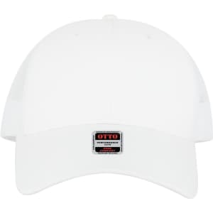 A white low profile trucker cap featuring a branded logo on the front. The design includes mesh sides for ventilation.