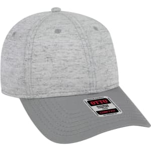 A grey and heather baseball cap with a low profile and six panels. Features a curved brim and a logo.