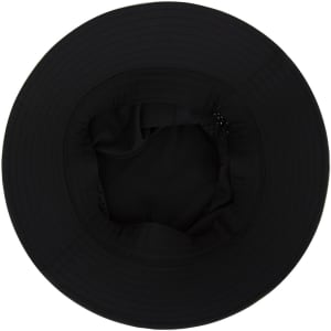 A black bucket hat with a wide brim and a soft interior lining featuring a logo.