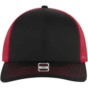 A 6 panel mid profile trucker cap featuring a black front and red mesh back, with a logo on the front.